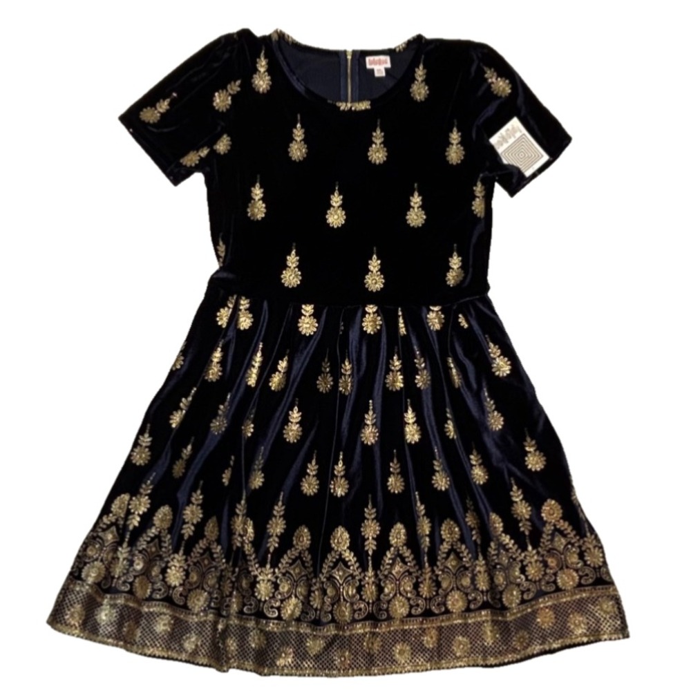 LuLaRoe Womens Dress Size 3XL Amelia Elegant Navy Blue Velvet Gold Dipped NWT